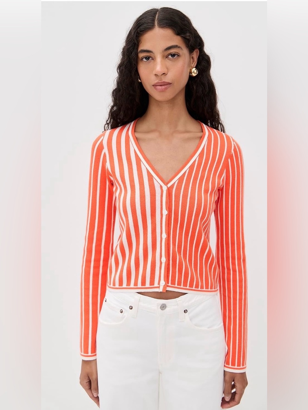 STATE & LAKE Striped Orange and White V-Neck Button Cardigan, size Large